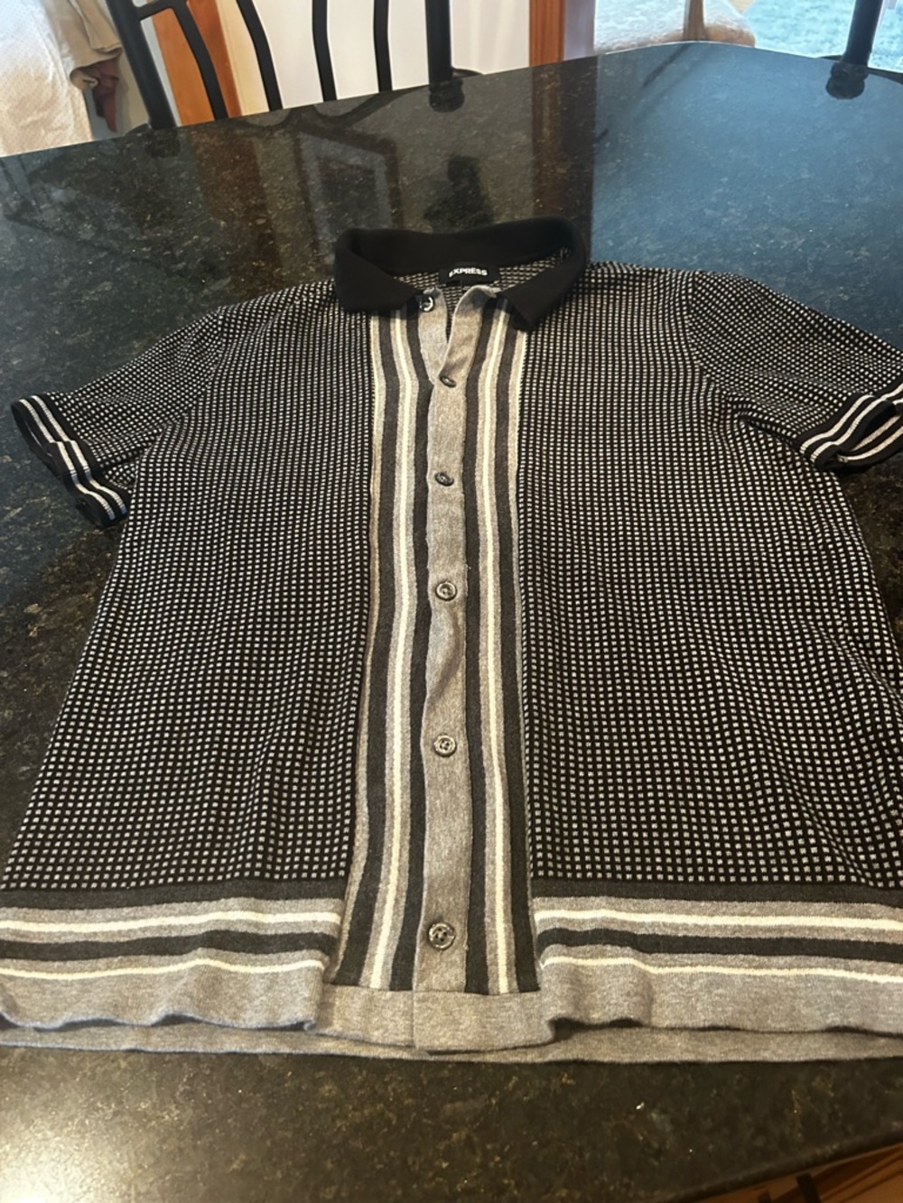 Black & Gray Striped Knit Button-Up Polo by Express